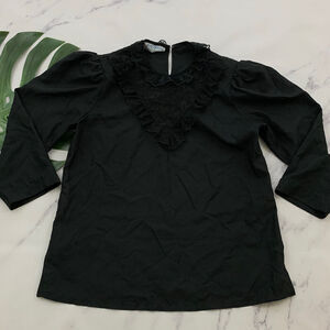 Lady Holiday Womens 80s Vintage Lace Trim Blouse Size M Black Dark Academia Goth